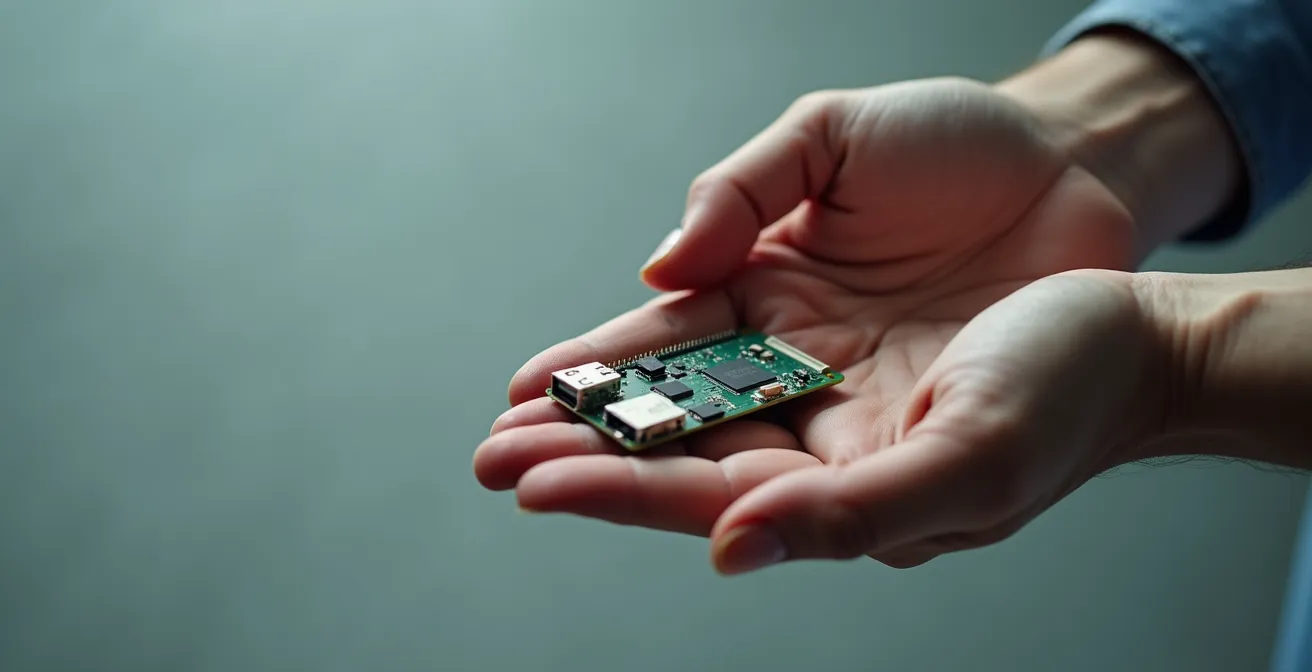 Mano che tiene con delicatezza un pezzo elettronico su sfondo minimalista, rappresentando fragilità e rischio.