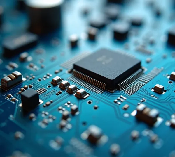 Fotografia editoriale di un circuito stampato con dettagli altamente definiti e texture realistiche, illuminazione cinematografica morbida e bokeh naturale sullo sfondo pulito.