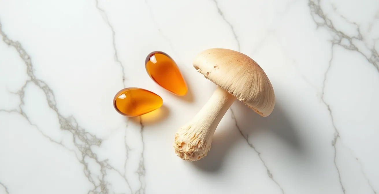 Composizione minimalista con fungo Lion's mane e capsule di omega-3 su superficie di marmo