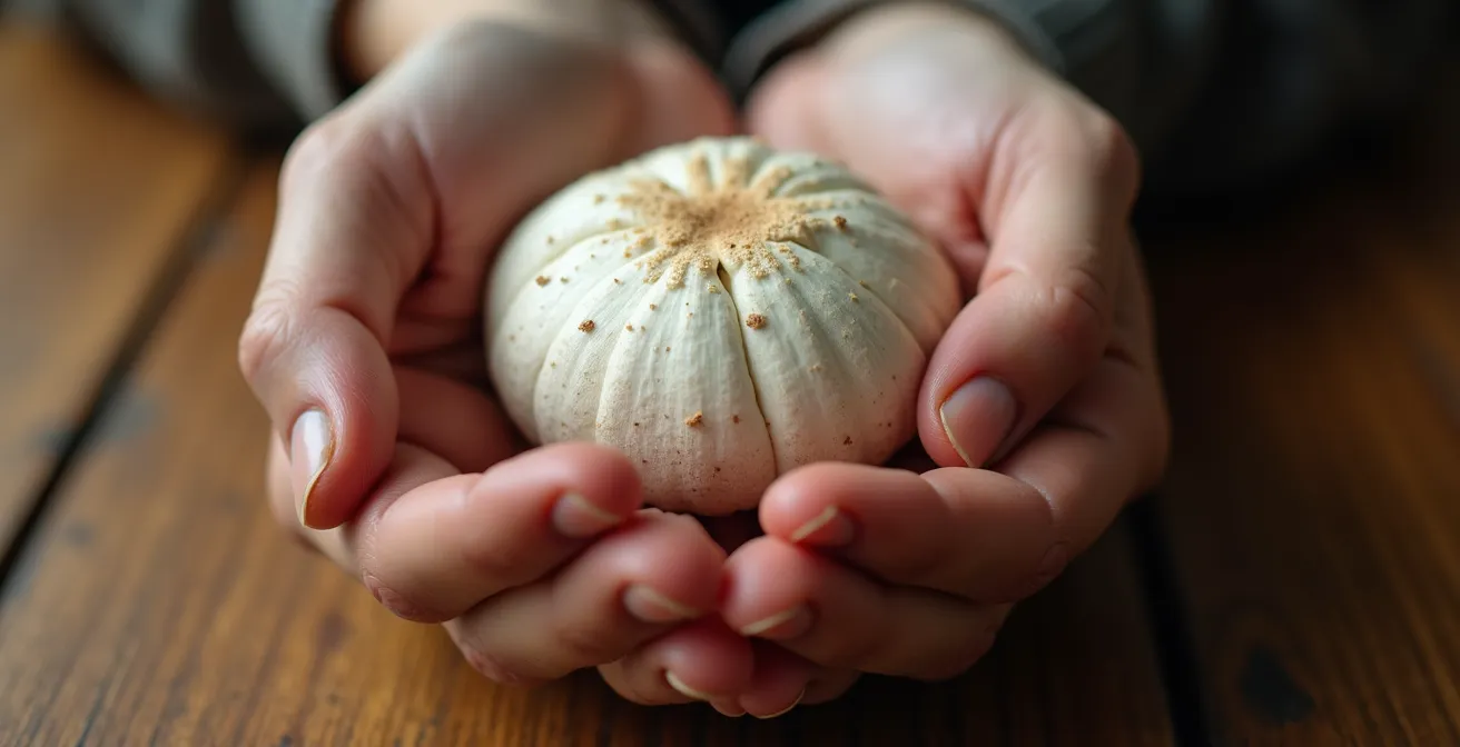 Mani che tengono delicatamente un fungo Lion's mane bianco