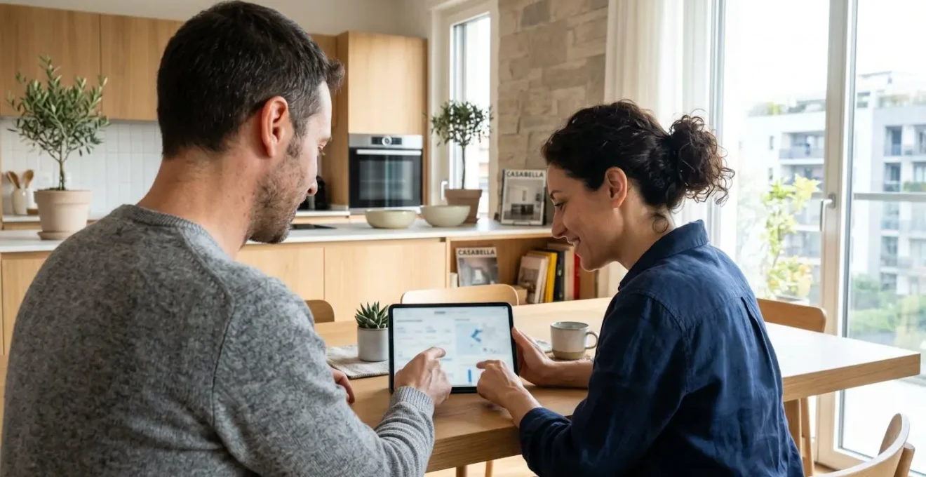Una coppia italiana di mezza età seduta a un tavolo moderno consulta insieme i dati immobiliari su un tablet in un ambiente domestico luminoso e contemporaneo