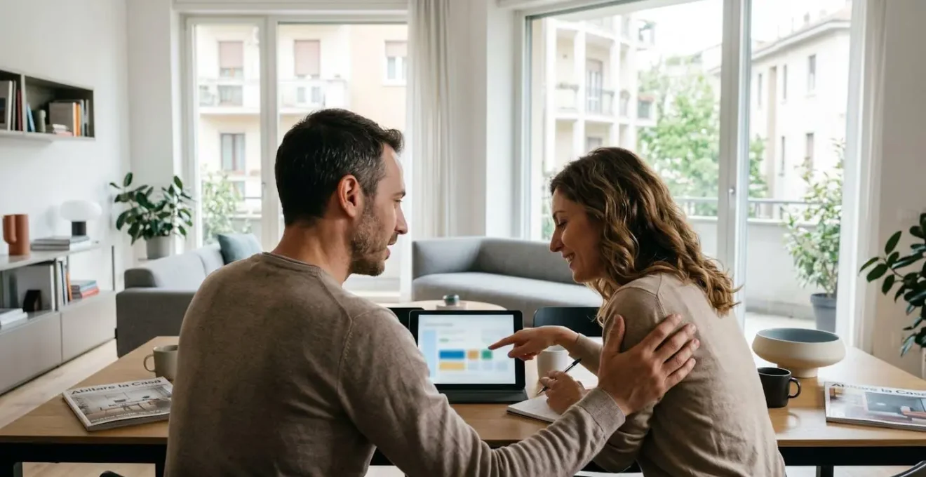 Una coppia italiana di mezza età seduta a un tavolo moderno consulta insieme i dati immobiliari su un tablet in un ambiente domestico luminoso e contemporaneo