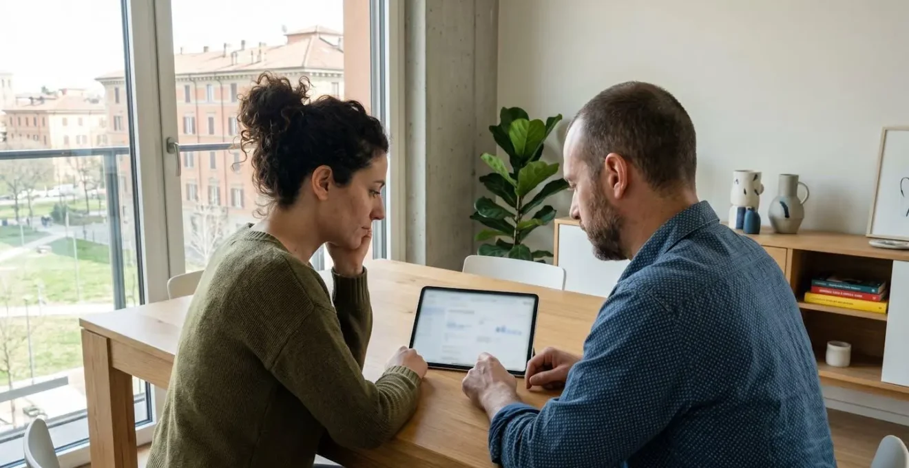 Una coppia italiana di mezza età seduta a un tavolo moderno consulta insieme i dati immobiliari su un tablet in un ambiente domestico luminoso e contemporaneo