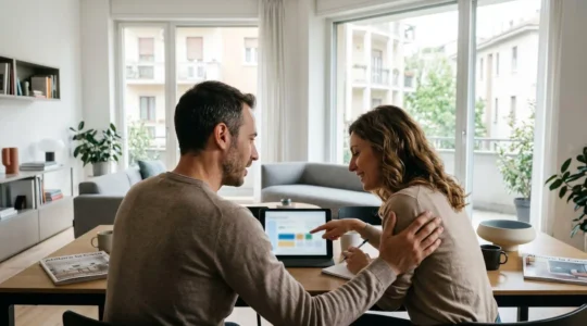 Una coppia italiana di mezza età seduta a un tavolo moderno consulta insieme i dati immobiliari su un tablet in un ambiente domestico luminoso e contemporaneo