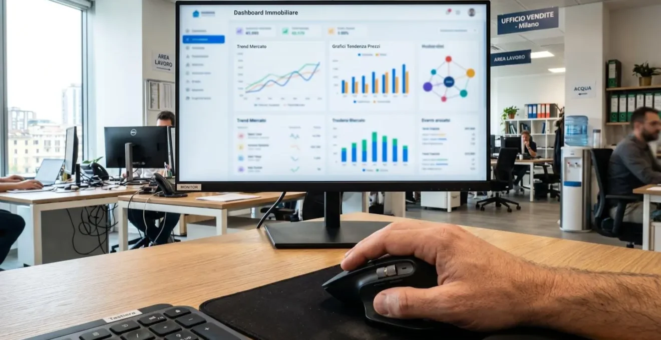 Primo piano estremo di una mano su un mouse davanti a un monitor che mostra una dashboard immobiliare con grafici di andamento prezzi completamente sfocati