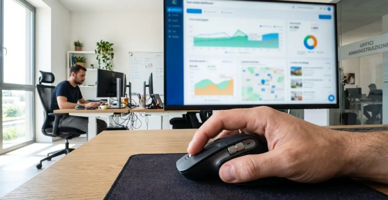 Primo piano estremo di una mano su un mouse davanti a un monitor che mostra una dashboard immobiliare con grafici di andamento prezzi completamente sfocati