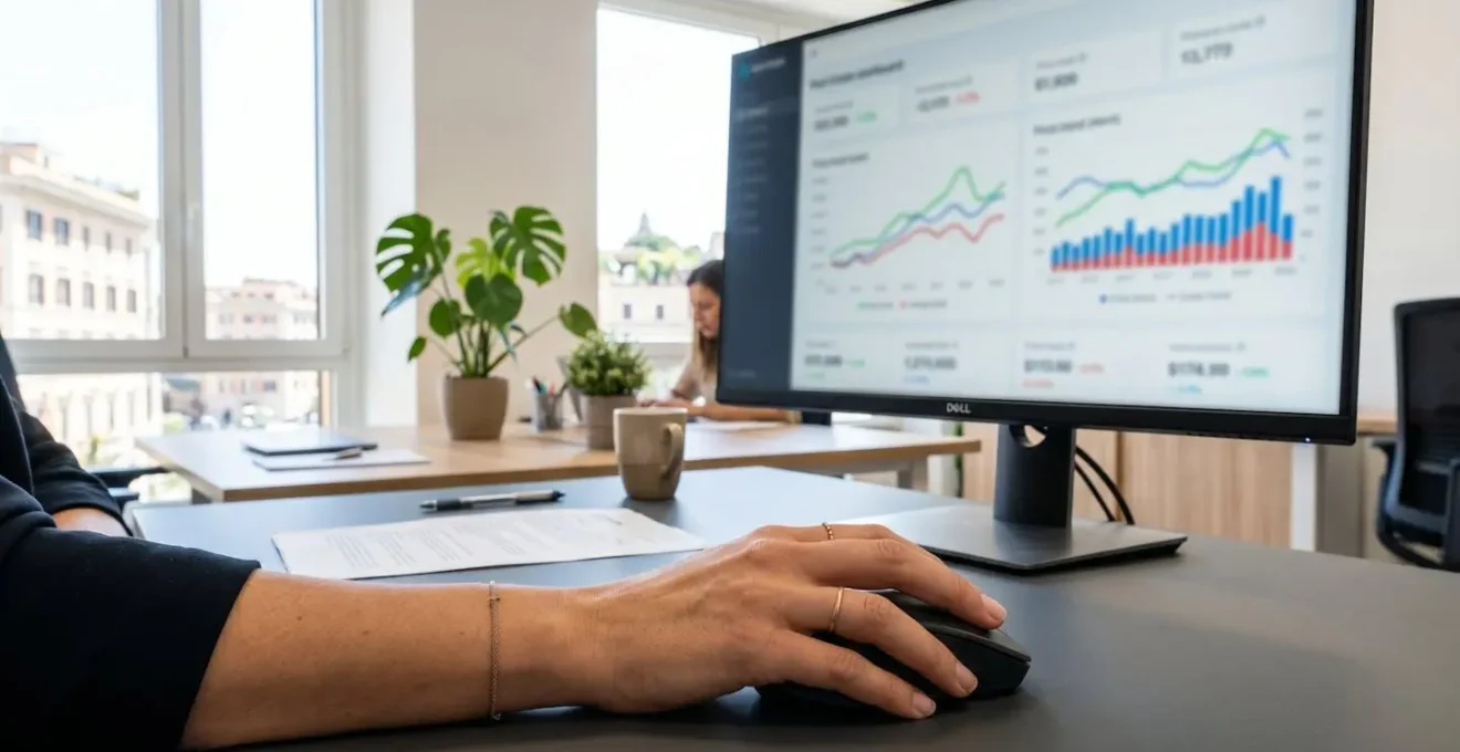 Primo piano estremo di una mano su un mouse davanti a un monitor che mostra una dashboard immobiliare con grafici di andamento prezzi completamente sfocati