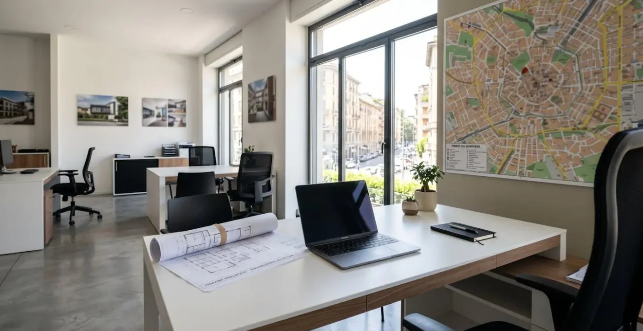 Ampia veduta di un ufficio moderno di un agente immobiliare italiano vuoto con scrivania, laptop chiuso, planimetrie e mappa di quartiere sulla parete illuminata da luce naturale