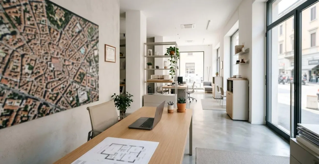 Ampia veduta di un ufficio moderno di un agente immobiliare italiano vuoto con scrivania, laptop chiuso, planimetrie e mappa di quartiere sulla parete illuminata da luce naturale