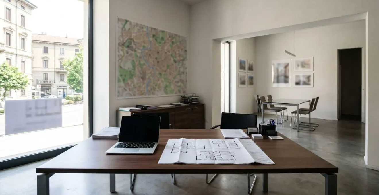Ampia veduta di un ufficio moderno di un agente immobiliare italiano vuoto con scrivania, laptop chiuso, planimetrie e mappa di quartiere sulla parete illuminata da luce naturale